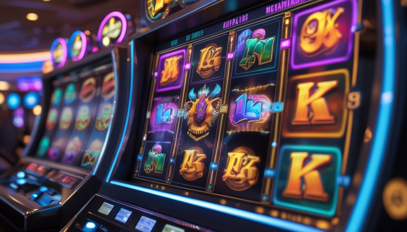 Mesin slot Buffalo King Megaways dengan simbol kerbau berwarna cerah dan beberapa gulungan yang bergerak di dalam suasana kasino.