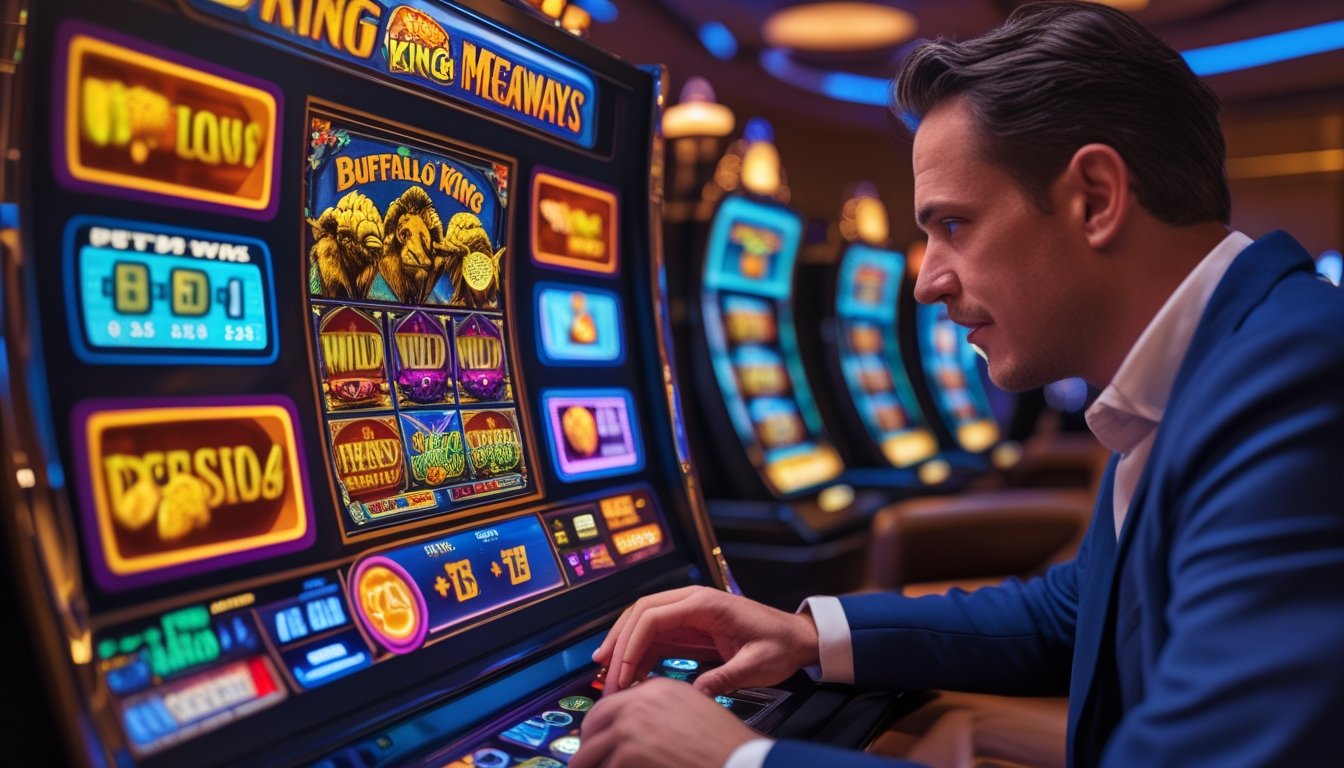 Seorang pemain profesional sedang fokus bermain mesin slot Buffalo King Megaways di dalam kasino modern yang terang dan penuh warna.