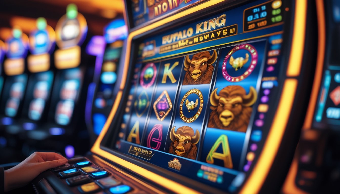 Mesin slot Buffalo King Megaways dengan simbol kerbau berwarna cerah dan tangan pemain siap memutar gulungan di suasana kasino yang ramai.