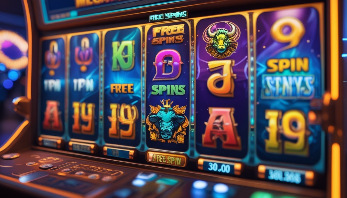 Mesin slot digital dengan simbol kerbau yang berputar di latar kasino yang terang dan penuh semangat.