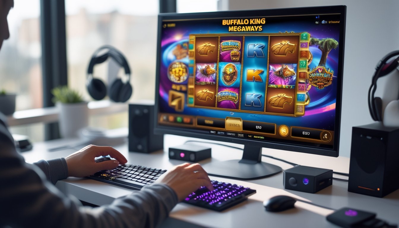 Seorang pemain sedang menggunakan komputer dengan layar menampilkan permainan slot online bertema Buffalo King Megaways, di meja yang rapi dan terang.