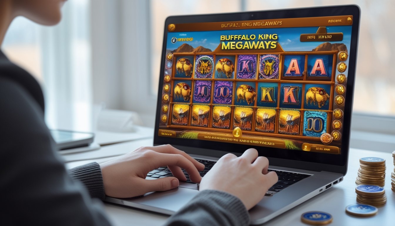 Seseorang menggunakan laptop untuk bermain demo permainan slot Buffalo King Megaways di meja kerja yang rapi.