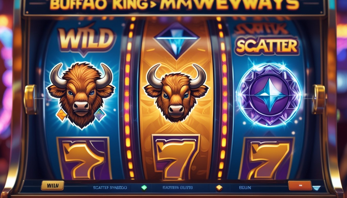 Mesin slot dengan simbol Wild berupa kerbau dan simbol Scatter yang berkilau di latar kasino yang terang.