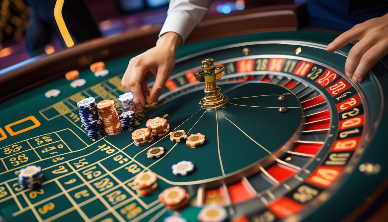 Meja roulette Eropa dengan roda roulette, tangan pemain menaruh chip pada area taruhan di kasino.