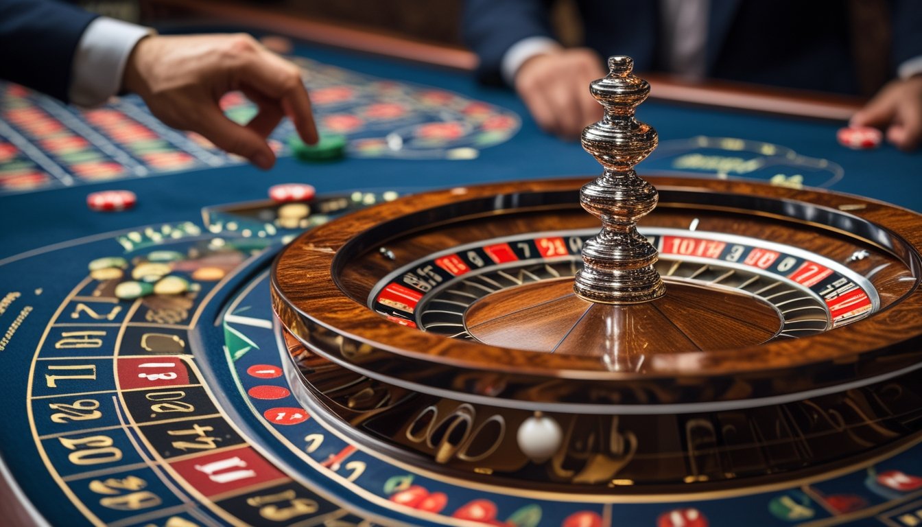Meja roulette Eropa dengan roda roulette, bola putih di salah satu nomor, dan tangan dealer yang meletakkan chip taruhan.