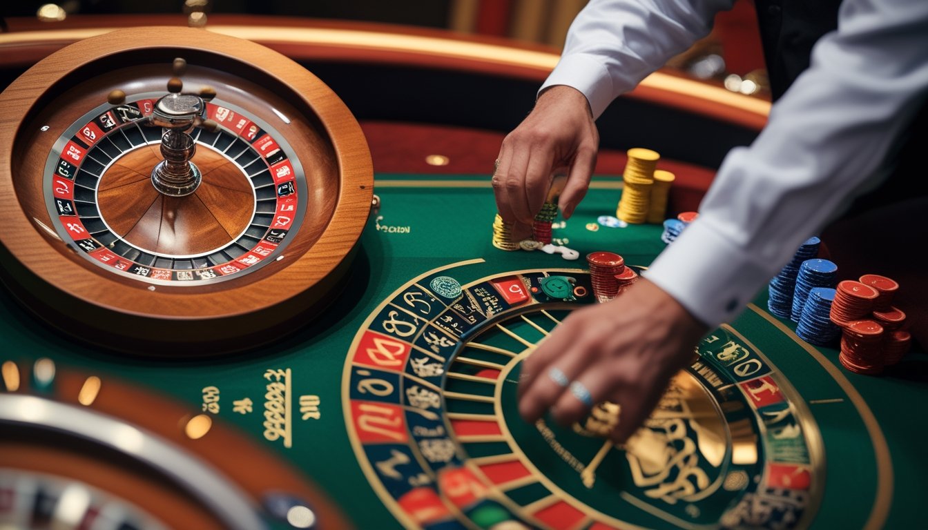 Dua roda roulette di meja kasino dengan satu roda European Roulette dan satu roda American Roulette, serta tangan dealer yang meletakkan chip di dekatnya.