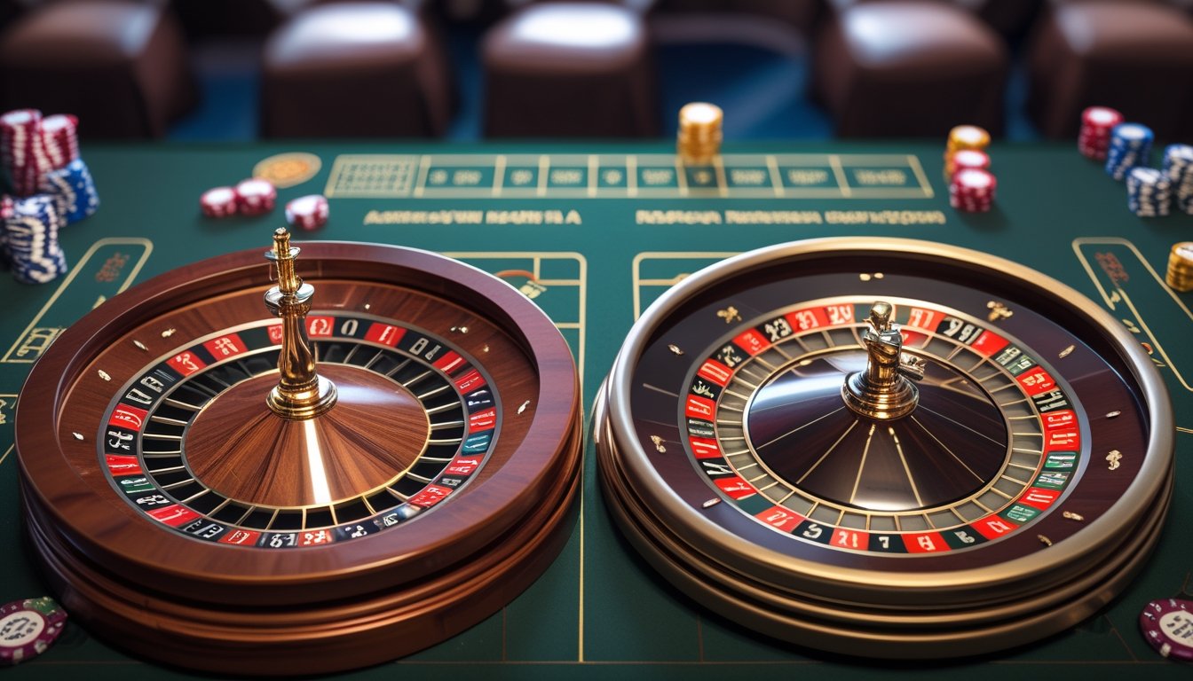 Meja roulette di kasino dengan dua roda roulette, satu Eropa dengan satu nol dan satu Amerika dengan nol ganda, serta beberapa chip taruhan di atas meja.