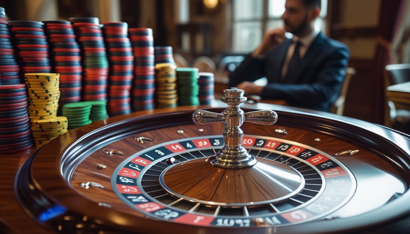 Meja roulette Eropa dengan roda roulette dan tumpukan chip warna-warni, serta seorang pemain berpakaian rapi yang mengamati permainan.