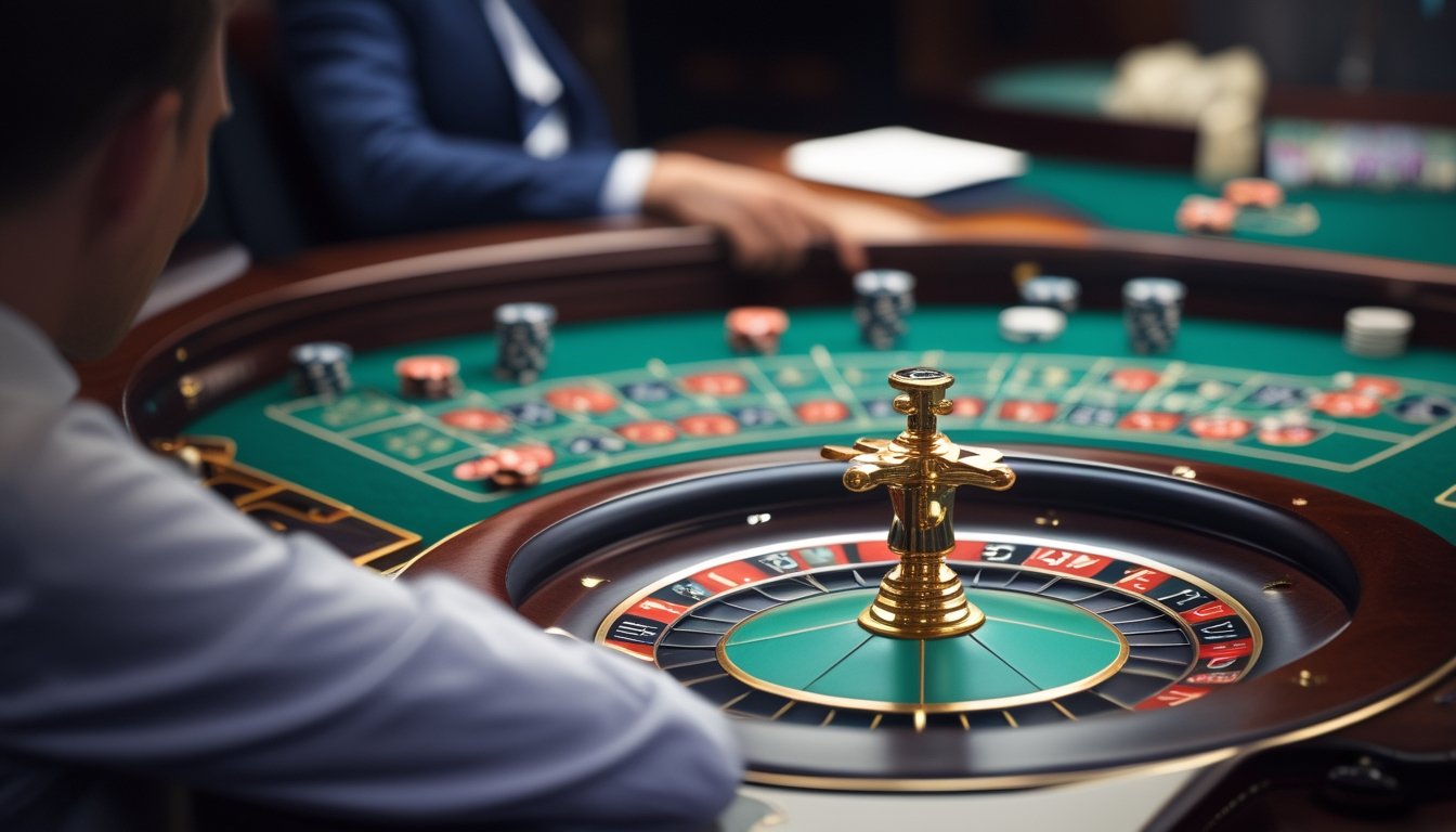 Meja roulette Eropa dengan roda roulette dan tumpukan chip, seorang pemain berpakaian rapi mengamati roda dengan serius.