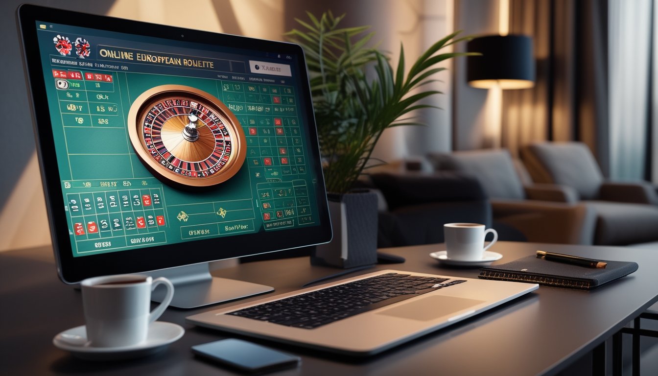 Seorang pengguna sedang melihat layar komputer dengan tampilan roda roulette Eropa dan meja taruhan dalam suasana ruangan modern.