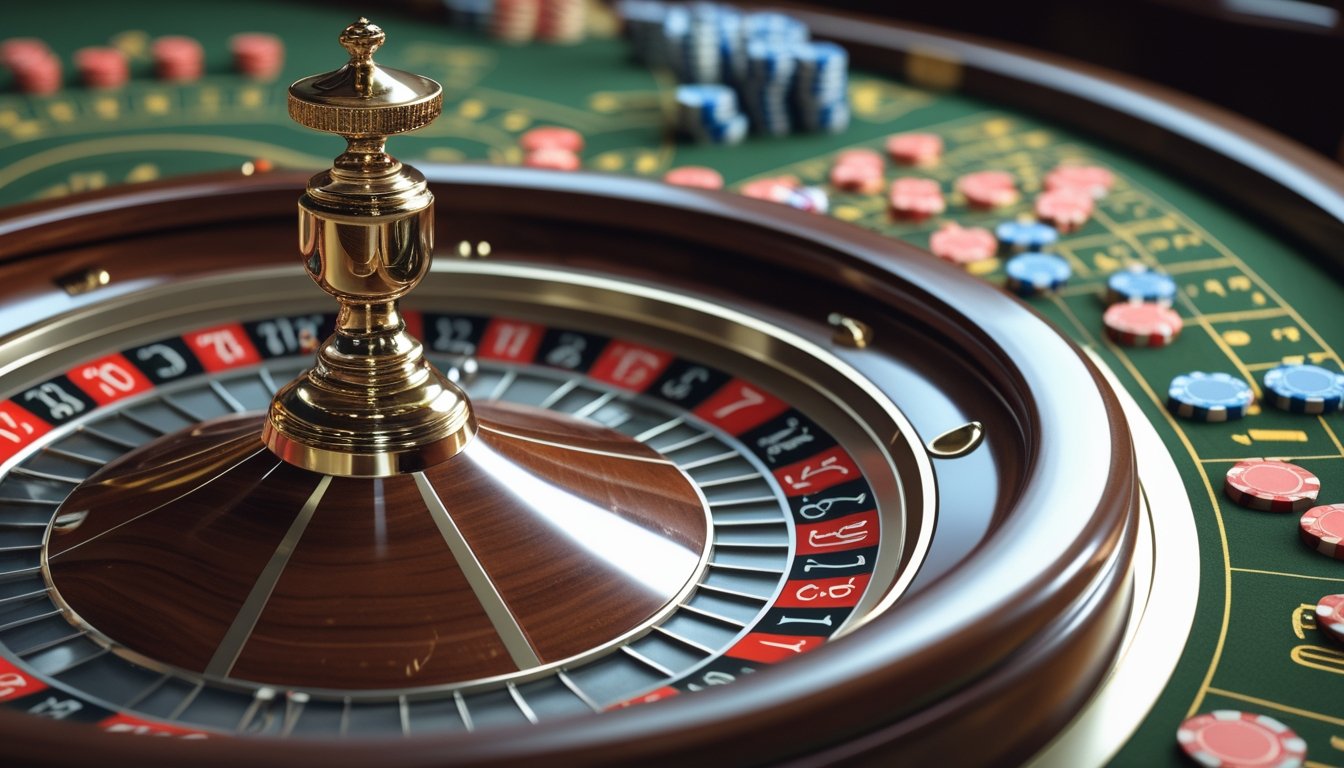 Meja roulette Eropa dengan roda roulette dan chip taruhan yang tersusun rapi di kasino.