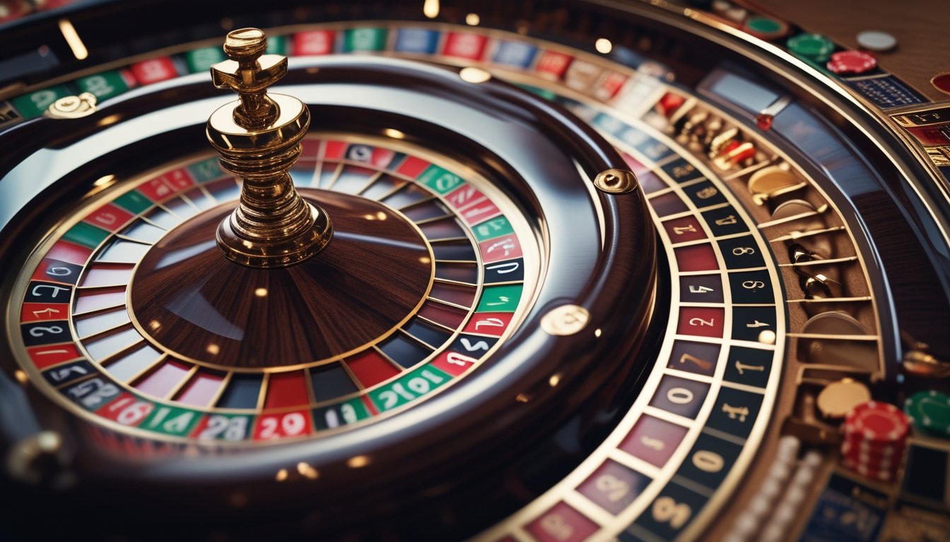 Close-up roda roulette Eropa dengan angka dan taruhan di meja kasino, menampilkan chip dan suasana kasino.
