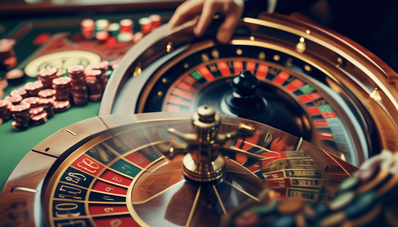Meja roulette Eropa dengan roda roulette berputar dan area taruhan yang terlihat jelas.