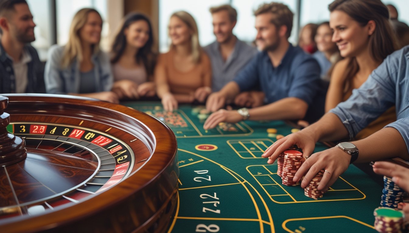 Meja roulette Eropa dengan roda roulette dan tumpukan chip kecil, dikelilingi oleh beberapa pemain yang sedang mengamati permainan.