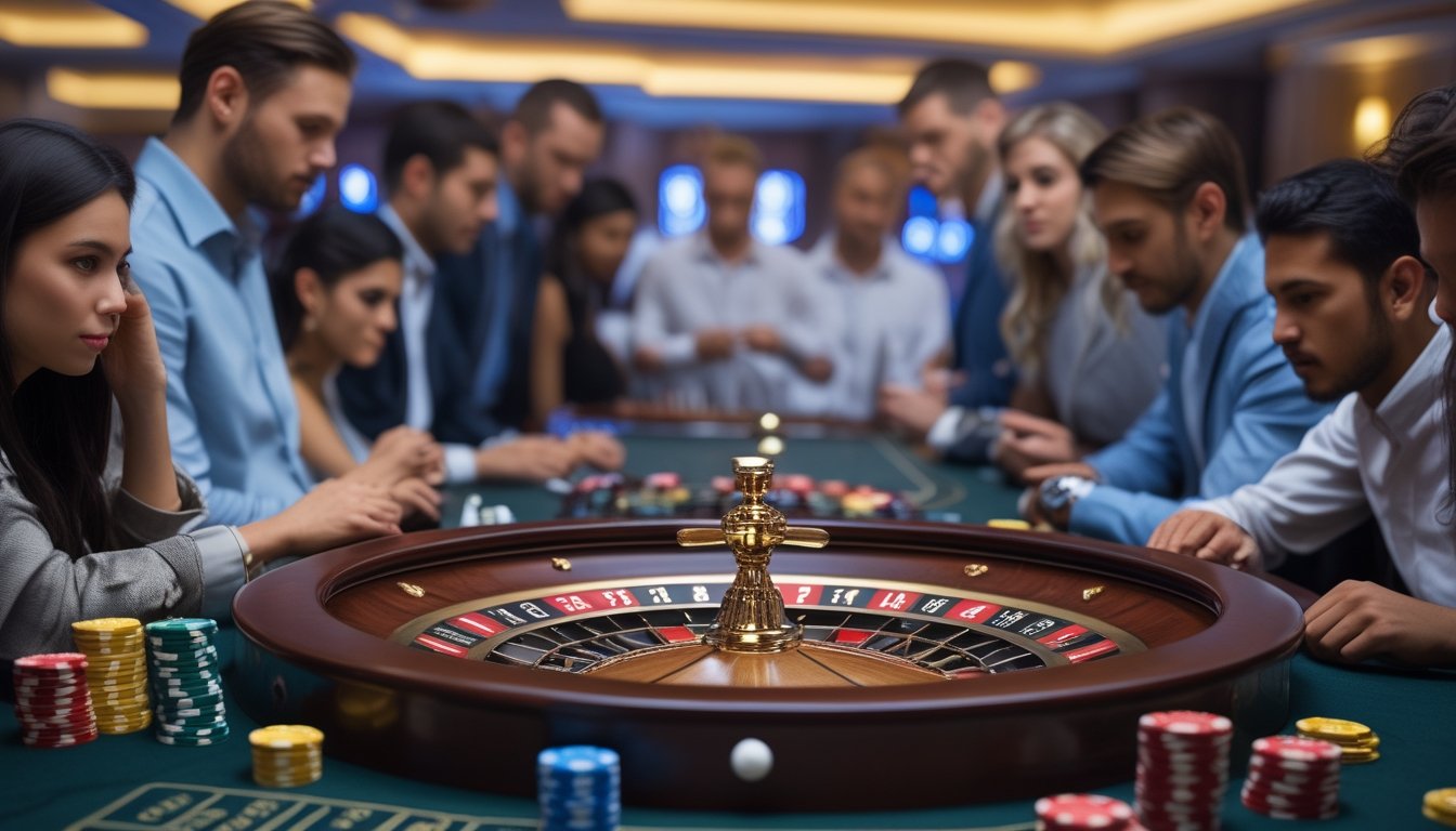 Meja roulette Eropa dengan pemain yang fokus dan roda roulette sedang berputar di kasino.