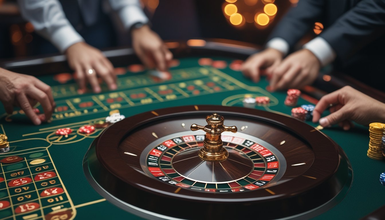Meja roulette Eropa dengan bola berputar dan tangan pemain yang sedang memasang chip taruhan.