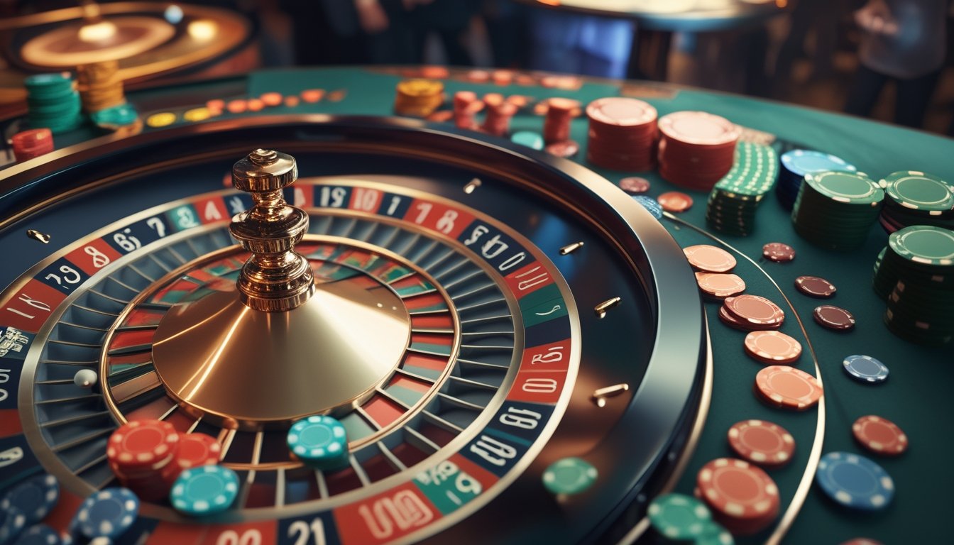 Meja roulette Eropa dengan roda roulette berputar, tumpukan chip taruhan berwarna-warni, dan suasana kasino yang elegan.
