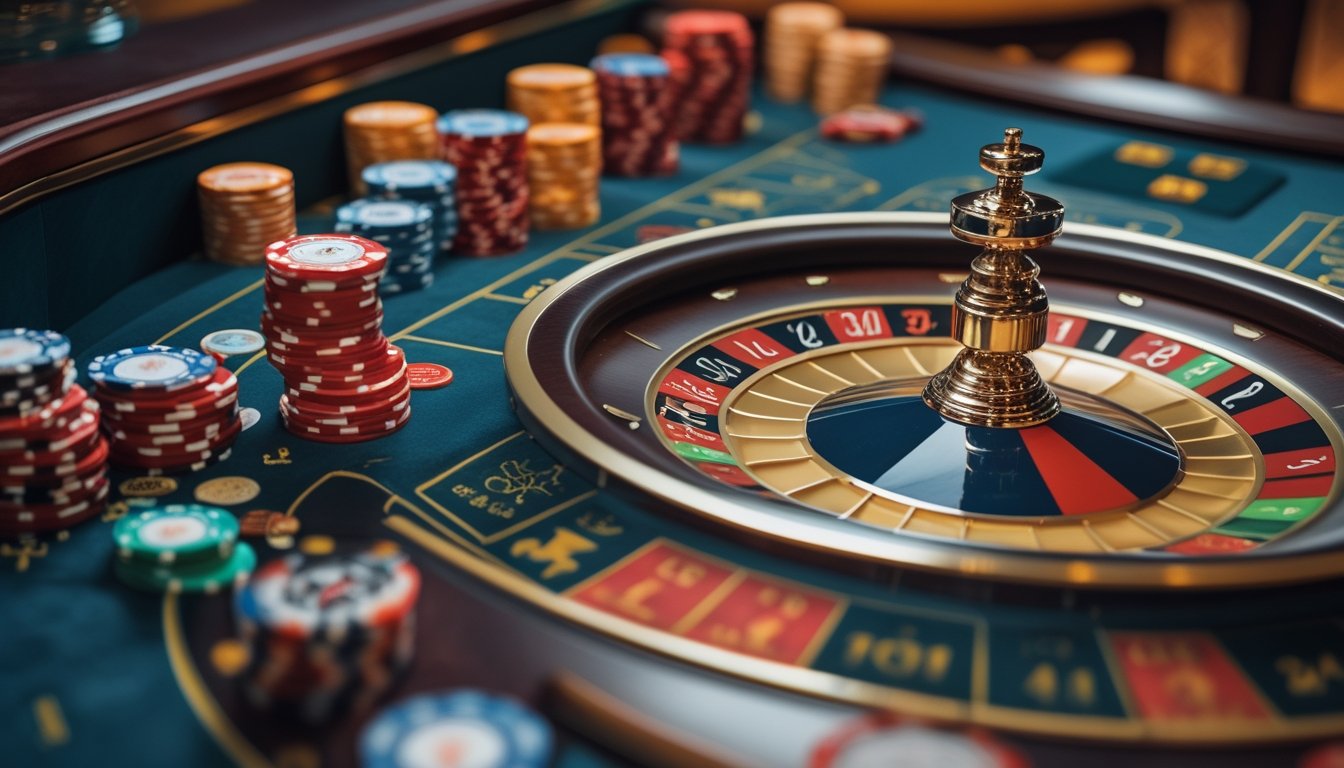Meja roulette Eropa dengan roda roulette dan tumpukan chip taruhan yang diatur rapi.