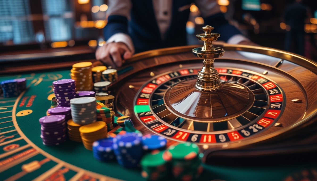 Meja roulette Eropa dengan roda roulette berputar dan tumpukan chip kasino, dengan dealer yang sedang mengawasi permainan.