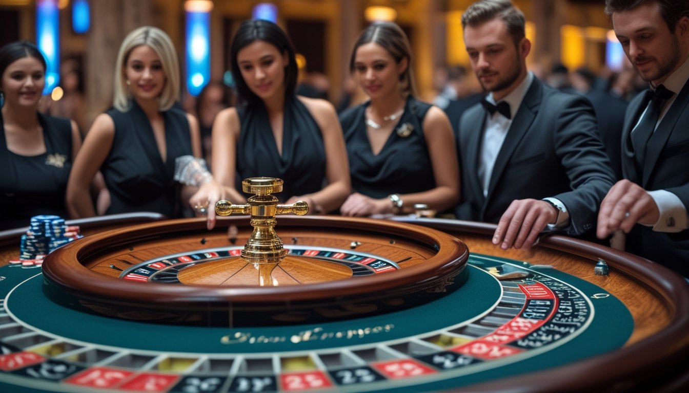 Meja roulette Eropa dengan dealer dan pemain yang sedang bermain di kasino.