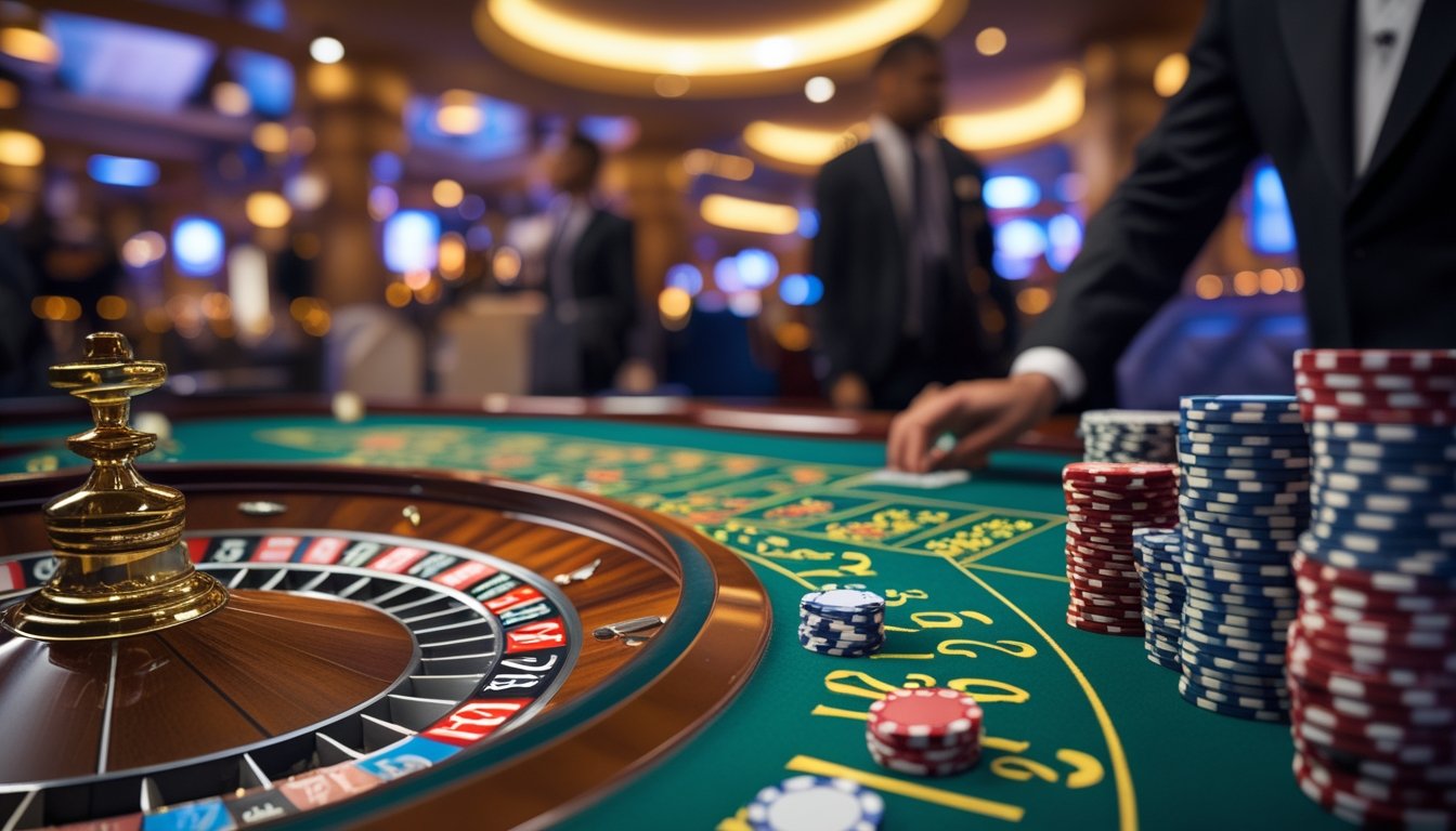 Meja roulette Eropa di kasino dengan roda roulette, chip, dan dealer yang sedang mengelola permainan.