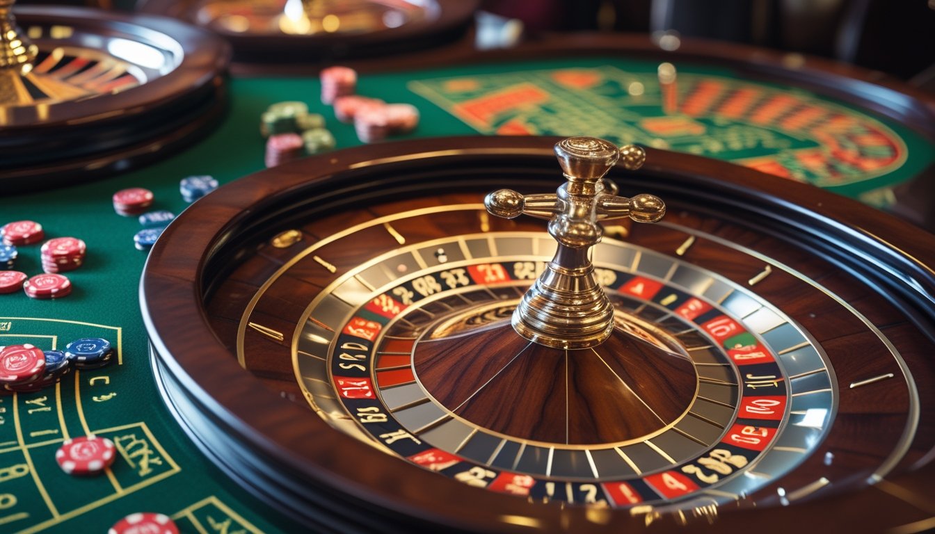 Meja roulette Eropa dengan roda roulette yang menampilkan slot nol tunggal dan chip taruhan di atas meja hijau di dalam kasino.