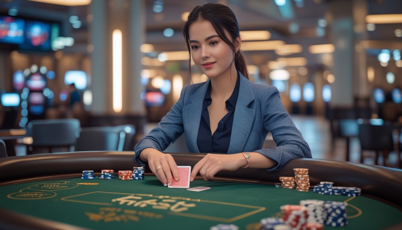 Seorang wanita muda duduk di meja poker dengan kartu dan chip, terlihat fokus dan percaya diri di sebuah kasino.