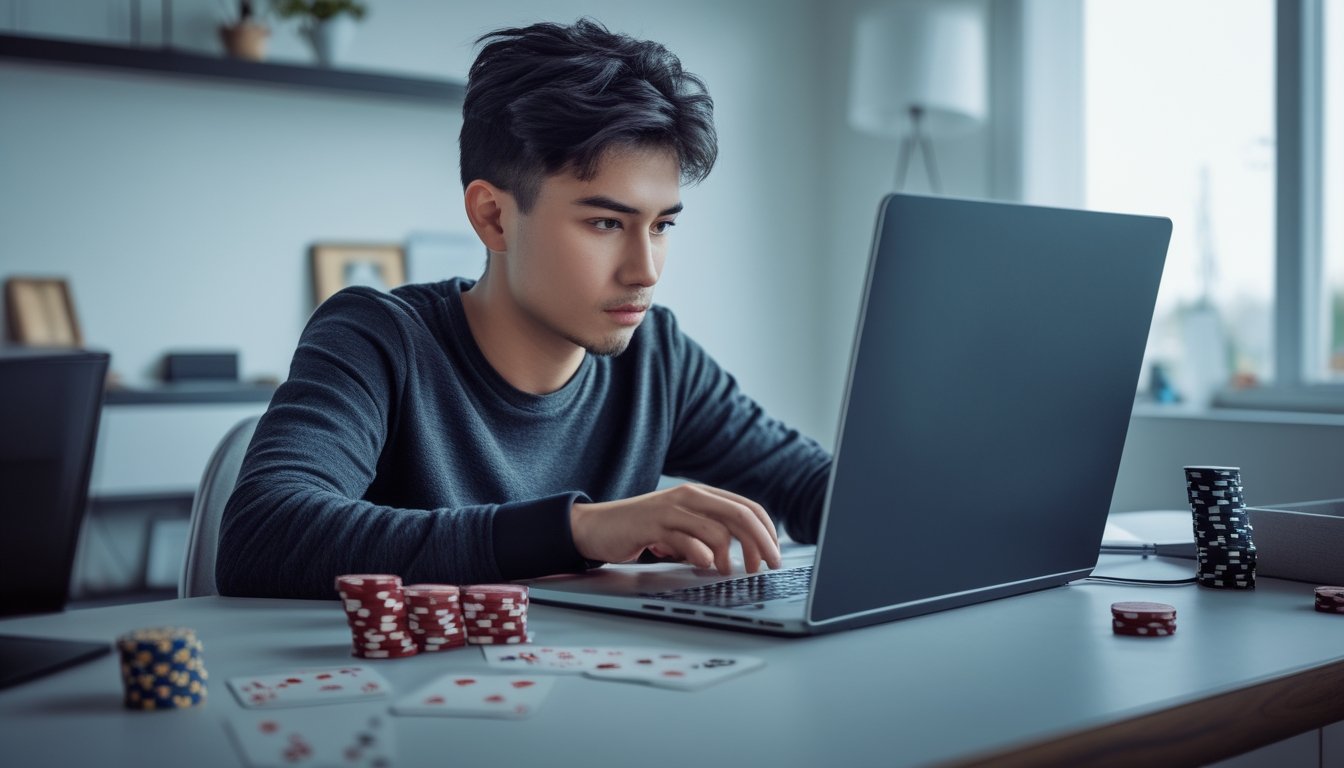 Seorang pria muda sedang fokus bermain poker Spin & Go secara online di depan laptop di ruangan modern.