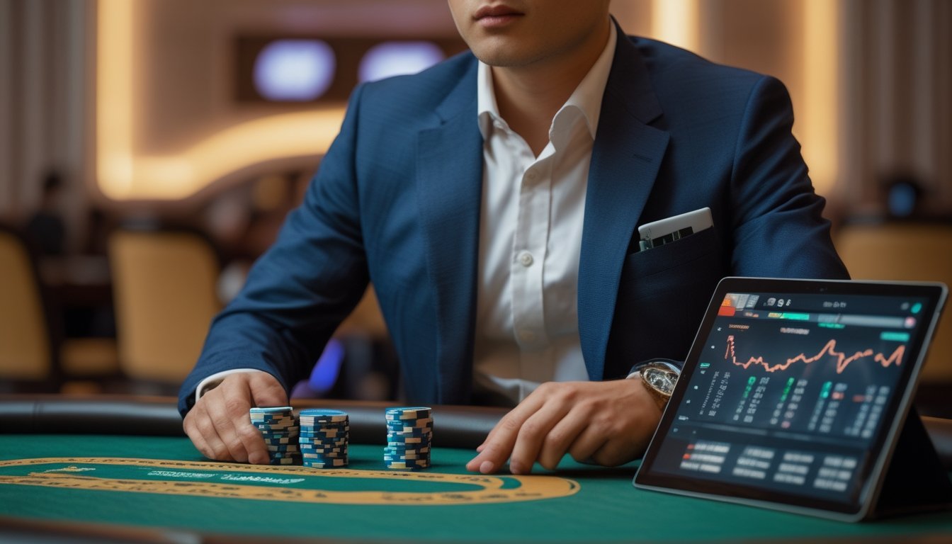 Seorang pemain poker serius duduk di meja poker dengan chip dan kartu, sambil melihat tablet yang menampilkan grafik dan statistik.