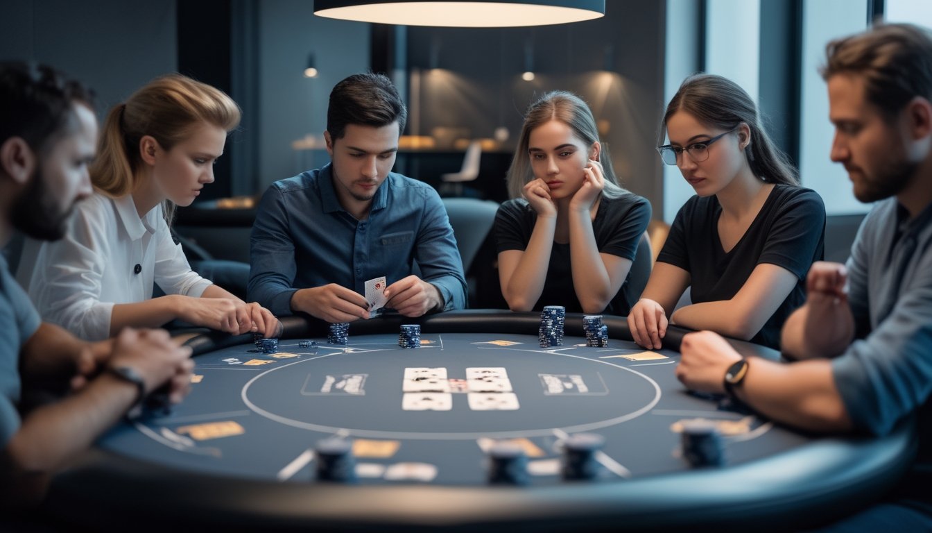 Beberapa pemain poker sedang duduk di sekitar meja poker dengan chip dan kartu, fokus pada permainan dan strategi.