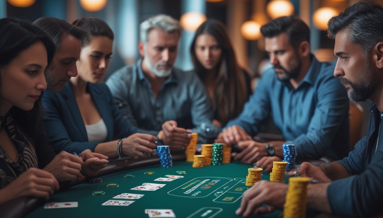 Beberapa orang dewasa duduk di sekitar meja poker dengan tumpukan chip dan kartu, fokus bermain dalam suasana ruang poker yang mewah.