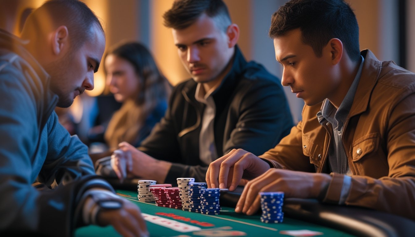 Tiga pemain poker sedang duduk di meja bermain kartu dengan tumpukan chip di depan mereka, fokus pada permainan Spin & Go.