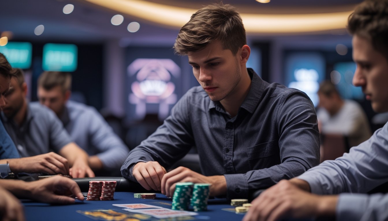 Seorang pemain poker muda duduk di meja poker dengan tumpukan chip di depannya, fokus memeriksa kartu dalam suasana kasino.