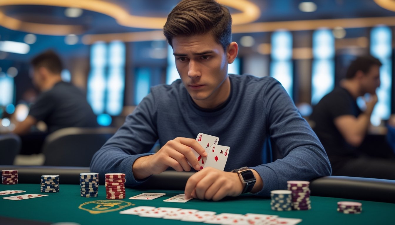 Seorang pemain poker muda duduk di meja poker dengan ekspresi serius sambil memegang kartu, dikelilingi oleh chip poker di kasino.
