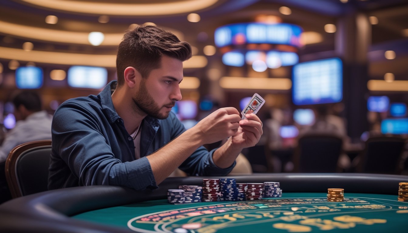 Seorang pemain poker serius duduk di meja kasino dengan kartu dan tumpukan chip di depan, suasana turnamen Spin & Go yang sibuk di latar belakang.