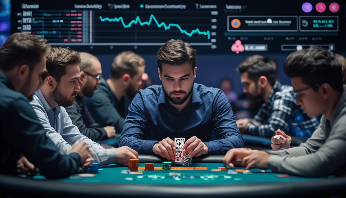 Seorang pemain poker fokus menganalisis kartu dan chip di meja turnamen dengan latar belakang layar digital dan grafik terkait poker.