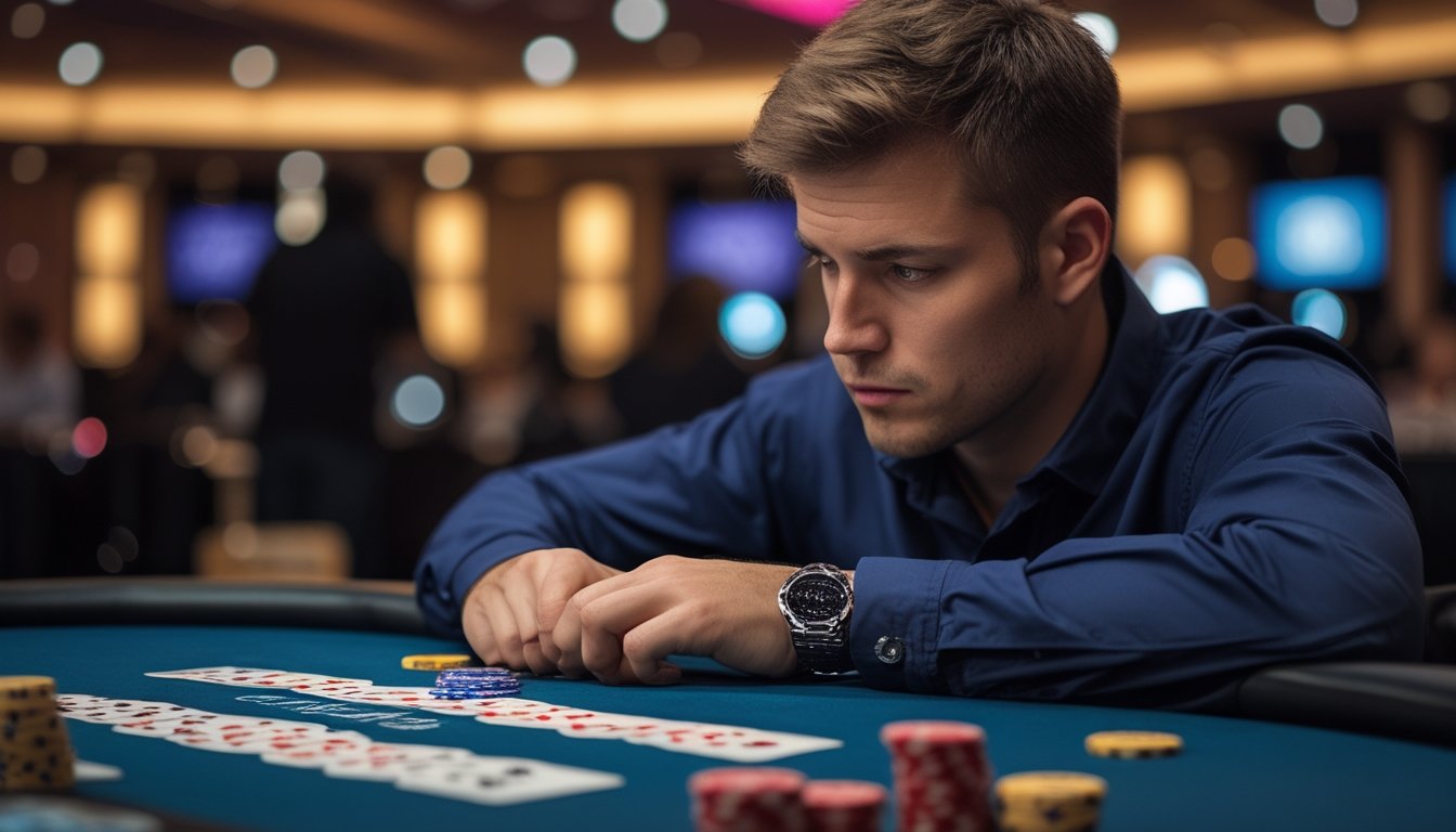 Seorang pemain poker serius duduk di meja poker dengan chip dan kartu, sedang fokus memikirkan strategi permainan.