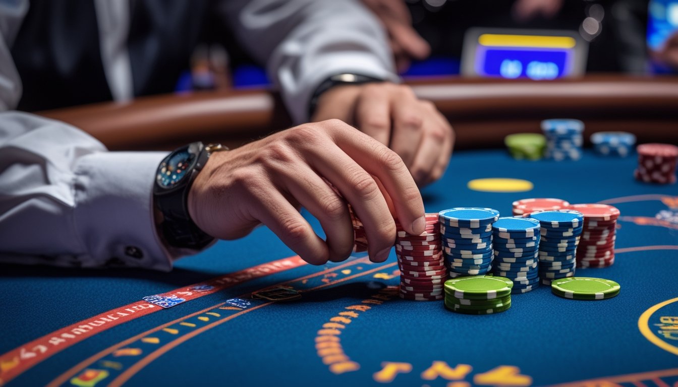 Seorang pemain poker fokus di meja kasino sedang melakukan strategi push fold dengan tumpukan chip dan kartu di depan.