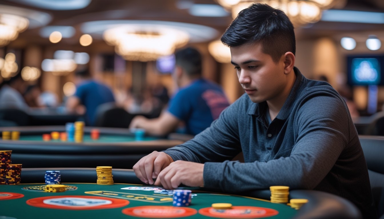 Seorang pemain poker fokus duduk di meja poker dengan chip dan kartu di depan, di dalam suasana kasino yang terang dengan latar belakang kabur.