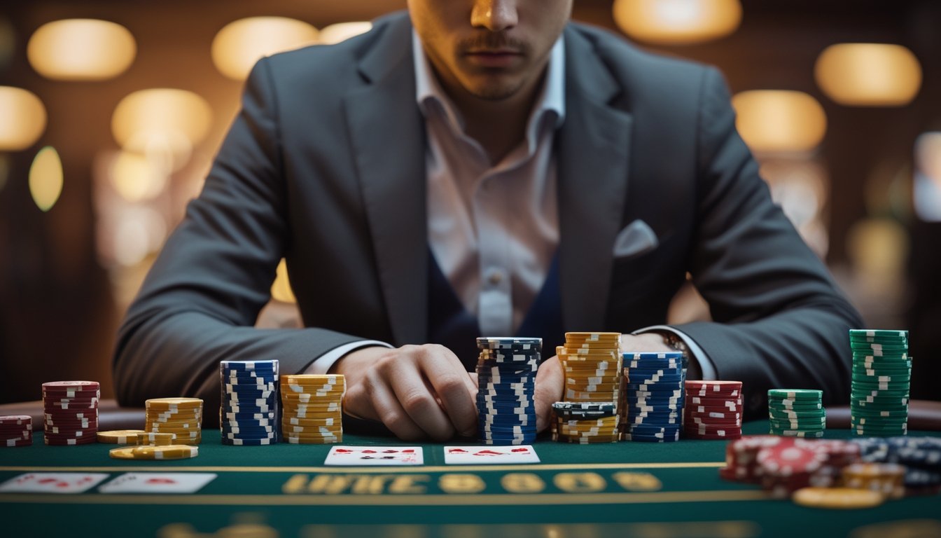 Seorang pemain poker serius duduk di meja poker dengan tumpukan chip dan kartu bermain di depannya.