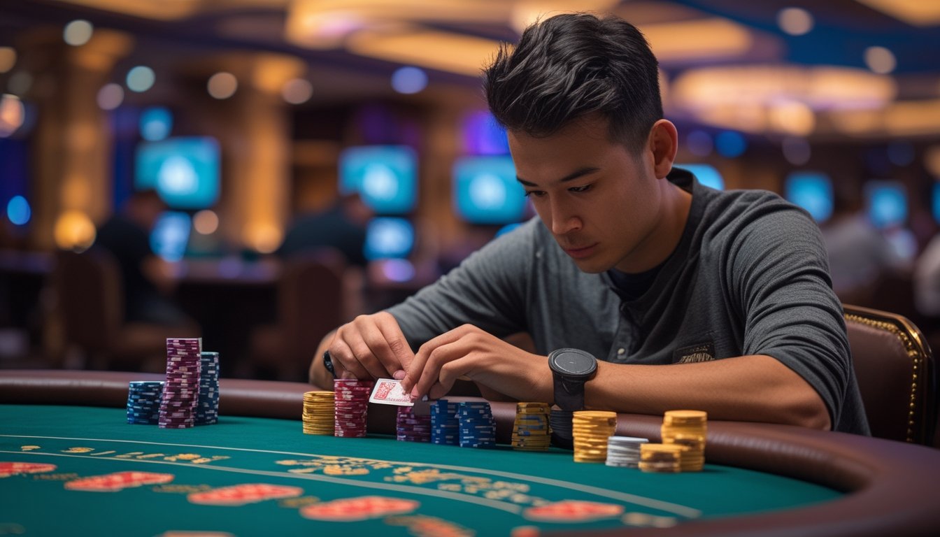 Seorang pemain poker fokus duduk di meja poker dengan tumpukan chip, suasana kasino di latar belakang.