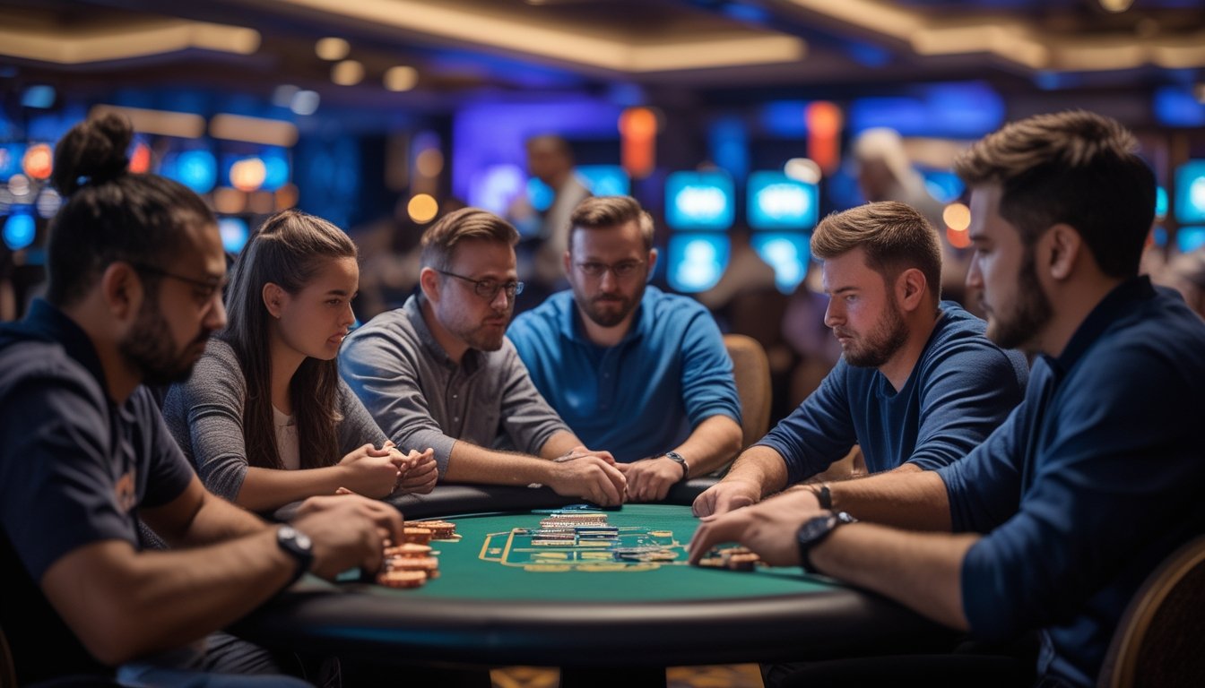 Beberapa pemain sedang fokus bermain poker Spin & Go dengan chip dan kartu di meja dalam suasana kasino.