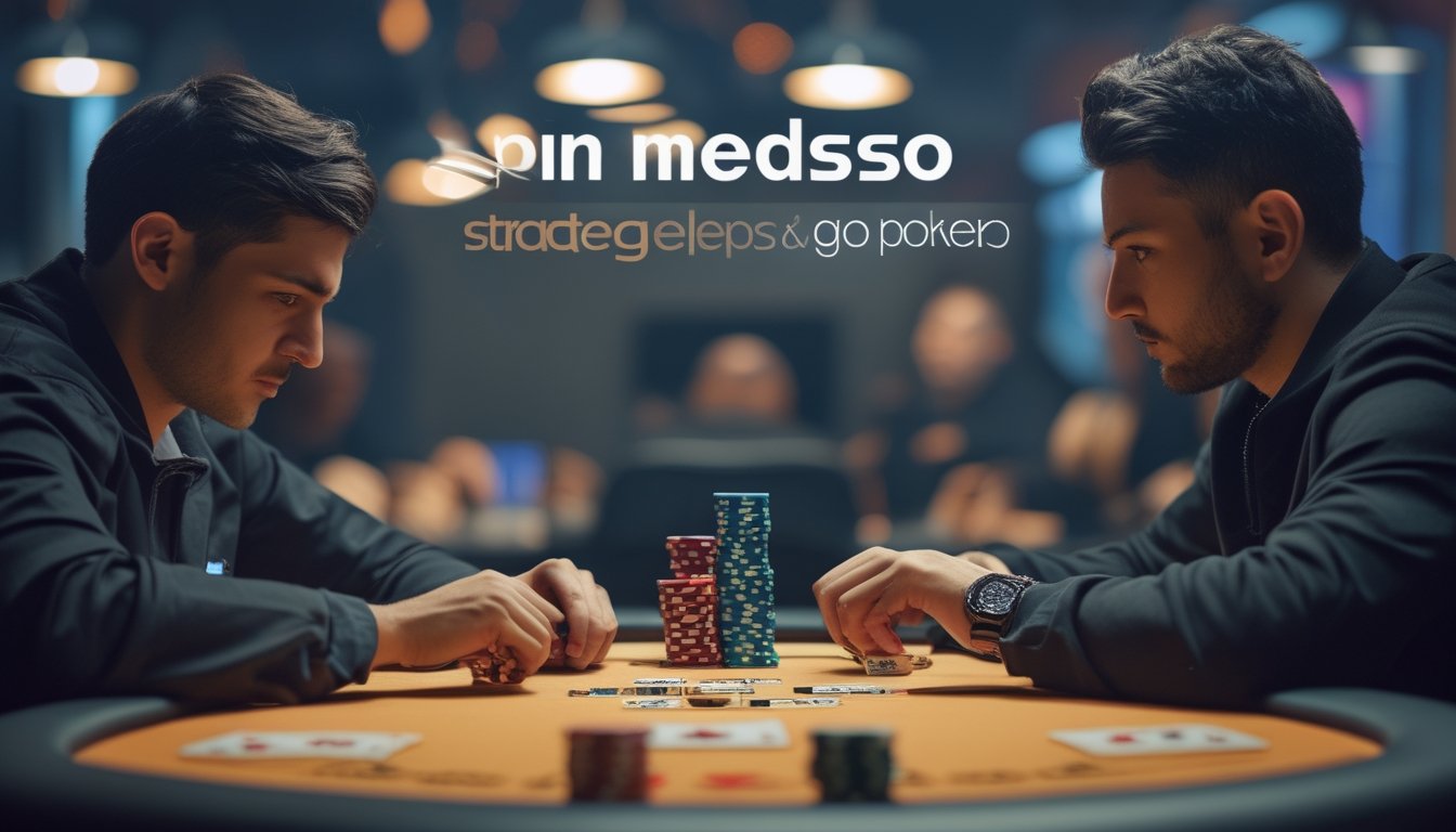 Dua pemain poker duduk berhadapan di meja poker dengan tumpukan chip dan kartu bermain, fokus dalam permainan poker Spin & Go.