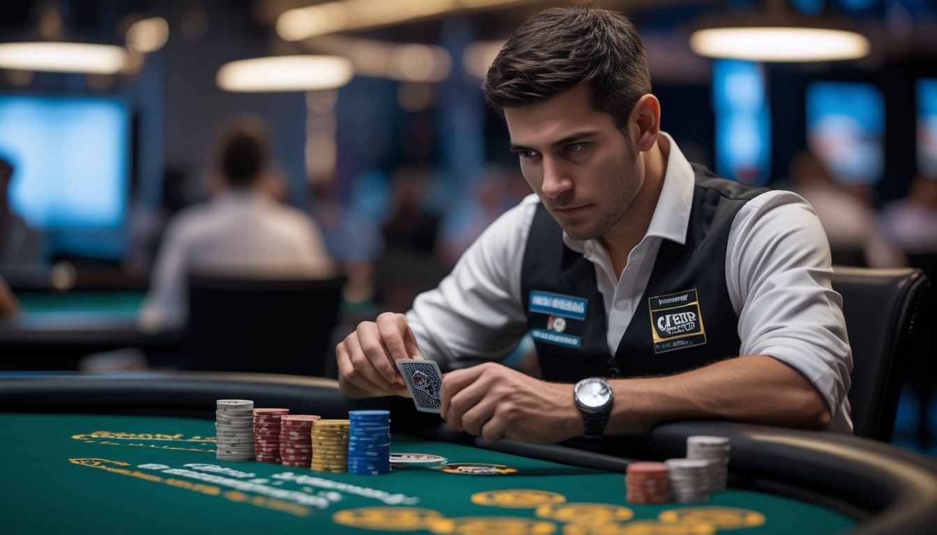 Seorang pemain poker serius duduk di meja poker dengan kartu dan tumpukan chip di depan, sedang fokus menganalisis permainan.