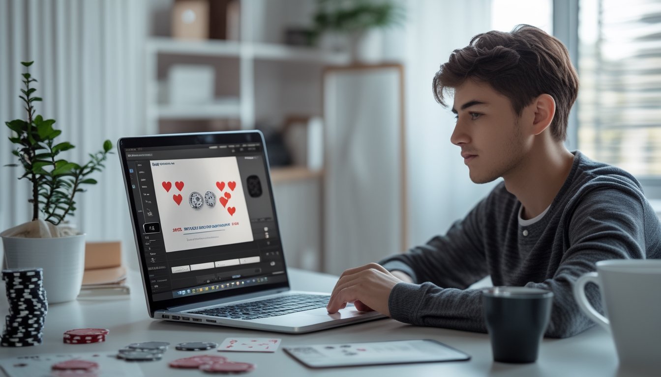 Seorang pemain poker online yang fokus di depan laptop dengan tumpukan chip poker dan kartu di meja, suasana ruangan tenang dan rapi.