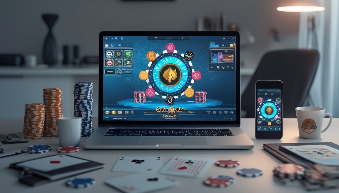 Seorang pemain poker online menggunakan komputer dengan tumpukan chip poker dan kartu di meja, menunjukkan suasana permainan poker Spin & Go.
