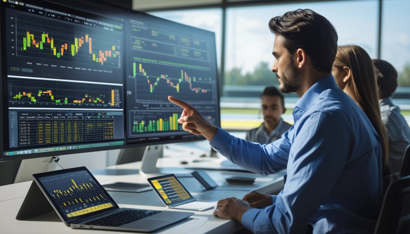 Sekelompok analis sedang melihat layar komputer yang menampilkan grafik dan data statistik tentang balap kuda di sebuah kantor dengan jendela yang menghadap ke arena balap kuda.