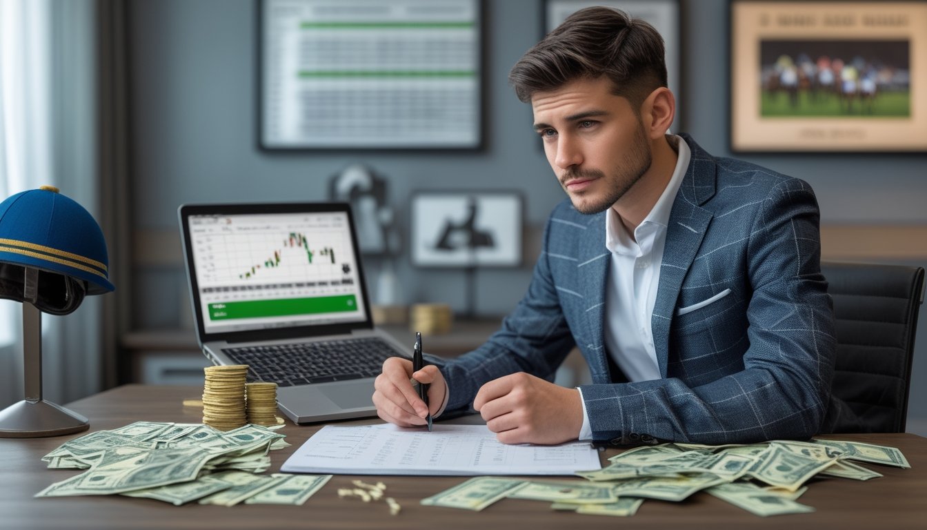 Seorang pria muda duduk di meja dengan laptop dan catatan, terlihat memikirkan risiko finansial dalam judi balap kuda.