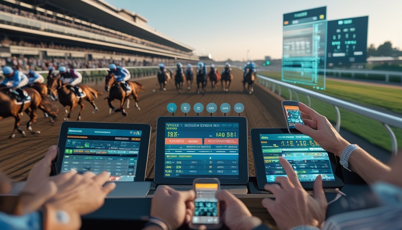 Balapan kuda modern dengan penonton menggunakan perangkat digital untuk bertaruh secara online di arena balap kuda.