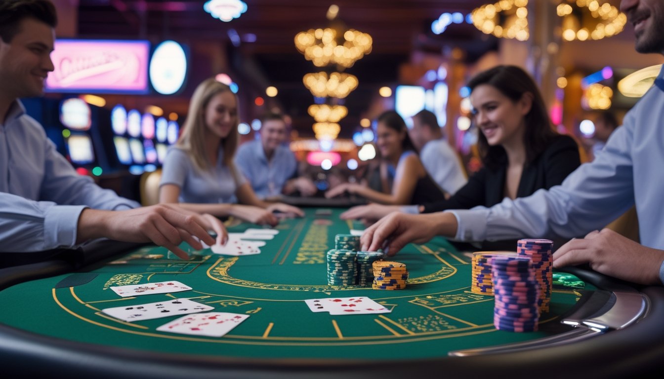 Meja blackjack di kasino dengan pemain dan dealer sedang bermain, latar belakang lampu neon khas Las Vegas.